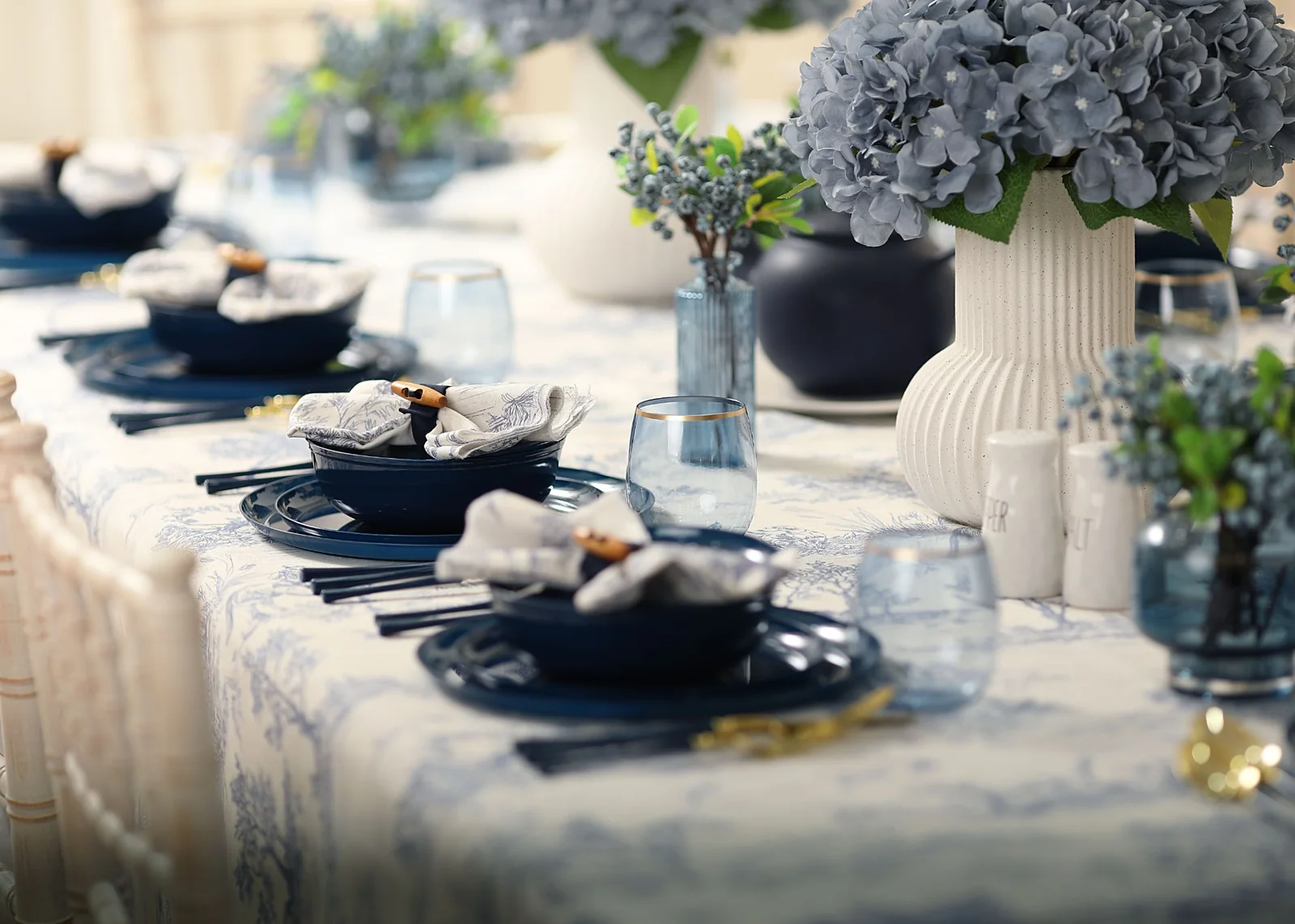 Blue and white floral tablescape