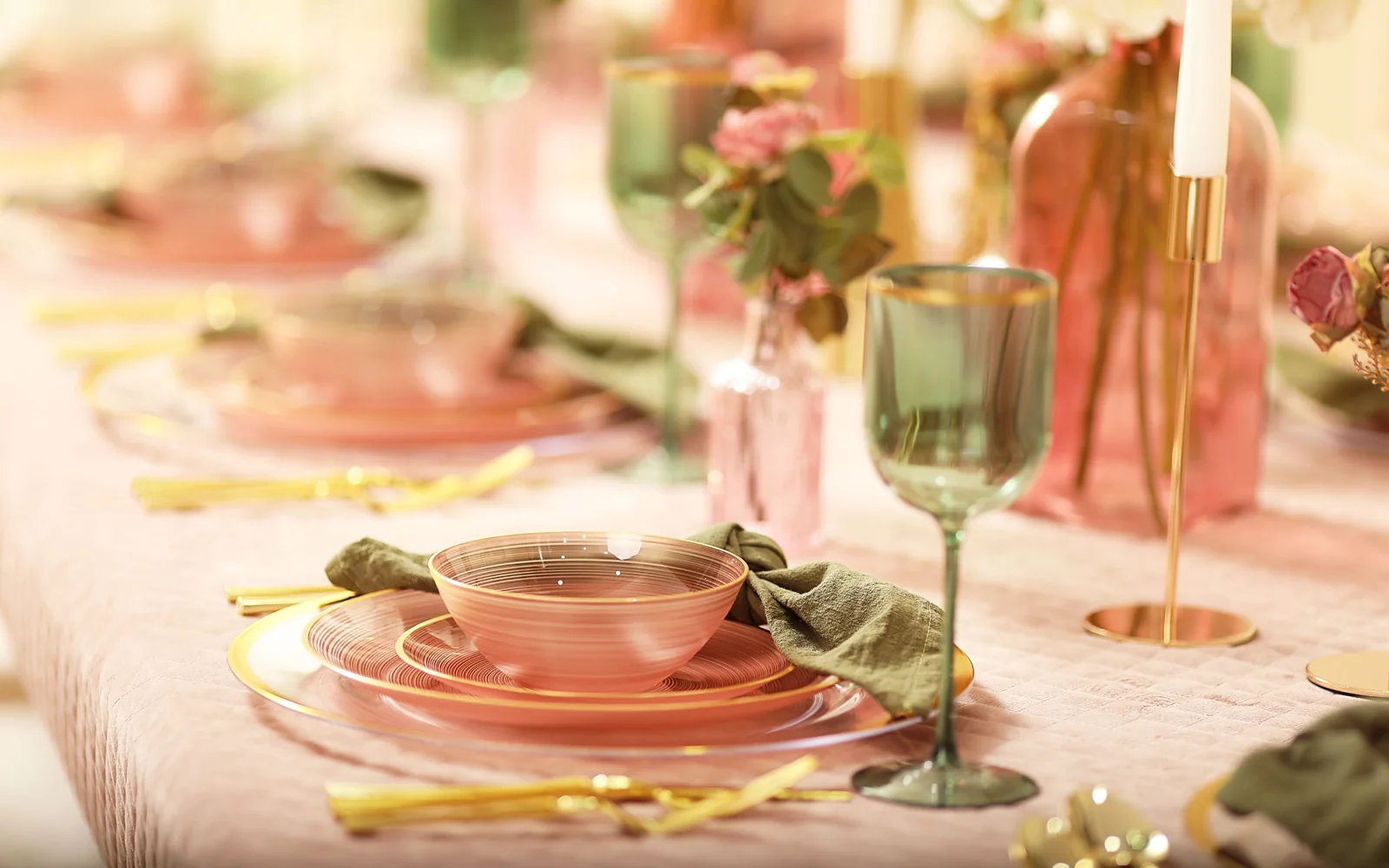 Blush pink, green and gold table setting